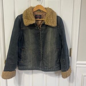 Vintage Jean Jacket Faux Fur Trim Size Large Full Zip Up Penny Lane Coat Y2K